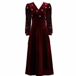 Women Vintage Wine Velvet Dress V Neck Empire Zipper Beading Puff Long Sleeve Knee Length Elegant Female D2369 210514