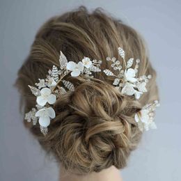 Bridal Clay Flower Headpiece Pin Set Rhinestone Gold Leaf Jewellery Fashion Women Party Hair Accessories 2019