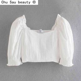 Summer Chic Square Collar Elastic Slim-fit Crop Shirt White Blouse French Vintage Style Puff Sleeve Short Women 210514