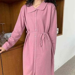 WWENN Women Solid Warm Sashes Dress Knitted Long Sleeve Midi Button Autumn Streetwear Belt Pink Black 210507