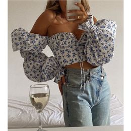 Floral Top Women French Square Neck Puff Sleeve Ruched Drawstring Bandage Back Zipper Blouses Elegant Vintage Sexy Shirt Tops 210515