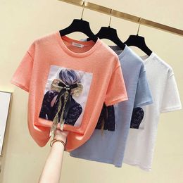 T Shirt Women Diamonds Patchwork Bow Print Tshirt Female Summer Tops T- Korean Fashion Clothing Cotton Tee Femme 210615