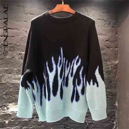 Streetwear Retro Flame Pattern Hip Hop Autumn Pull Over Spandex O-neck Oversize Couple Casual Sweaters ZA5168 210427