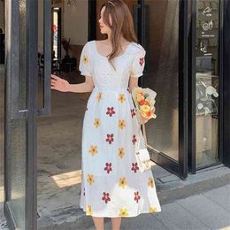 Women Dress Korean Summer Elegant Vintage White Embroidery Floral Puff Sleeve High Waist Slim Midi Dresses Femme Vestidos 210519