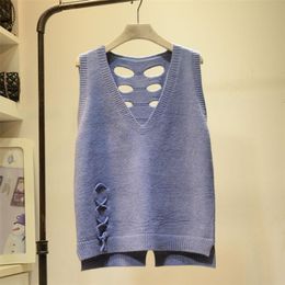 Back Hollow V-neck Knitted Sweater Vest Female Sleeveless Strap Ribbed Edge Solid Color Pullover Women Spring 210915