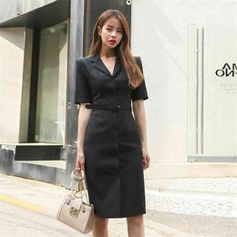 Women Summer Office Lady Belted Dress Work Wear Slim Sexy Korean Fashion style Vestidos Black Dresses 210520