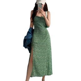 Retro platycodon holiday style fresh floral sling split dress long summer Korean fashion women's clothing 210520
