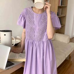 21 Summer Fashion Elegant Casual Gentle Purple Round Neck Lace Hollow Stitching Loose Puff Sleeve Dress Women 16F1161 210510