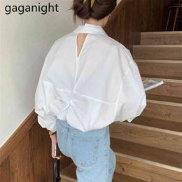 Solid White Elegant Shirt Back Hollow Out Button Long Sleeve Blouse Turn Down Collar OL Loose Tops Chemise Femme 210601