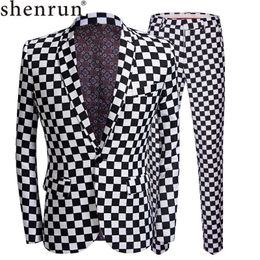 SHENRUN Fashion Suit Men Black White Plaid Print 2 Pieces Set Latest Coat Pant Designs Wedding Stage Singer Slim Fit Costume X0909