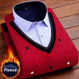 Sweater Men's Plus Velvet Fake Two-piece Thickened Middle-aged Bottoming Shirt Business Casual Classic Brand Knitwear 211221