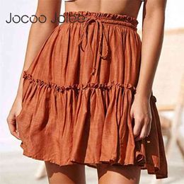 Jocoo Jolee Summer Short Skirts Women Vintage Ruffled Mini with Sashes Casual Boho Pleated A Line Holiday Beach Wear 210629