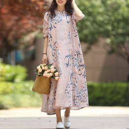 Johnature Women Chinese Style Shirt Dresses Ramie High Quality Robes Stand Half Sleeve Print Floral Summer Vintage Dress 210521