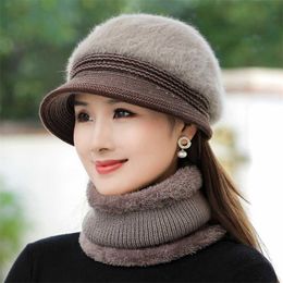 Women Winter Hat Keep Warm Female Outdoor Cap Add Fur Lined s & Scarf Set For Casual Rabbit Knitted Bucket 211119