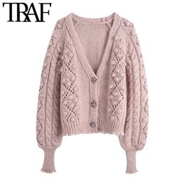 TRAF Women Fashion Gem Buttons Pompom Detail Knitted Cardigan Sweater Vintage Long Sleeve Female Outerwear Chic Tops 211011