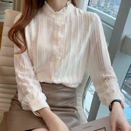 Korean Women Shirt Chiffon Blouses for Long Sleeve s Tops Woman Apricot Open Stitch Blouse Plus Size 210427