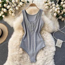 Women's Bodysuit Solid O-neck Sleeveless Summer Slim Stretch Rib Knit Tank Top Button up Casual Female Romper Bodysuits 210603