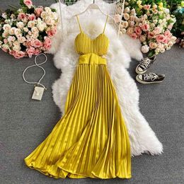 Female Summer Spring Spaghetti Srap Fashion Dress High Waist Fold Solid Medium Long Length Temperament 210520