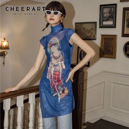 Buddha Print Turtleneck Long Mesh Blouse Women Blue Short Sleeve Summer Ladies Asymmetrical Top Fashion 210427