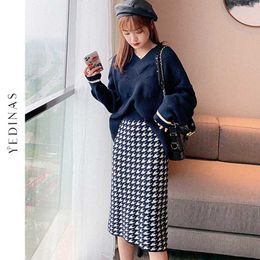 Yedinas Knitted Women Set 2 Pieces Outfit Casual Two Piece Long Sleeve Top And Skirt Loose Sweater For Plaid 210527