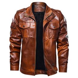 Men's Autumn Winter Military Bomber Fleece Pu Leather Jacket Stand Collar Motorcycle Washed Faux Leather Jacket Male Outewr Coat 220125