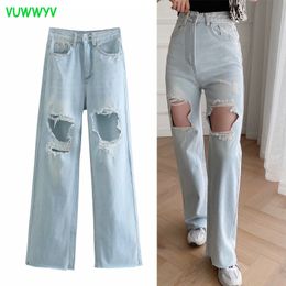 VUWWYV Ripped Jeans for Women Light Blue Wide Leg Mom Summer High Waisted Straight Woman Fashion Streetwear 210430