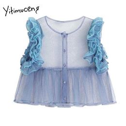 Yitimuceng Muslin Crop Tops Women Ruffles Button Up Patchwork Sexy Cami Korean Fashion Tank Top Blue Clothes Summer 210601