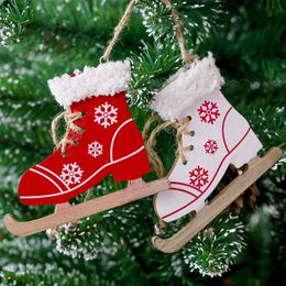 wooden xmas tree decorations Canada - Christmas Hanging Ornament Wooden Skate Shaped with Bell xmas Tree Decoration Red White Snowflake Kids Gifts