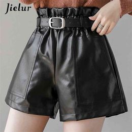 Jielur PU Autumn Winter Women Shorts Slim High Waist Solid Colour Shorts Womens Chic Korean Belt Leather Short Trousers S-XL 210323