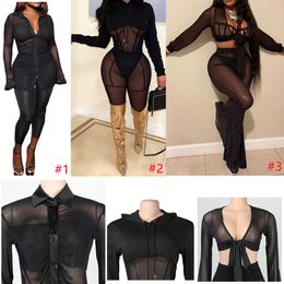 2022 Womens Two Piece Outfits Designer Sexy Black Mesh 2 Pcs Set Pants Suits Long Sleeve Top and Slim Pant See Through Spring Summer Clothes