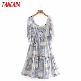 Tangada Fashion Women Blue Floral Print Vintage Dress Long Sleeve High Street Ladies Midi Dress XN271 210609