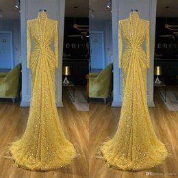 Glitter Yellow Evening Dresses High Collar Sequined Lace Long Sleeve Mermaid Prom Dress Feather Sweep Train Custom Made Robes De Soire