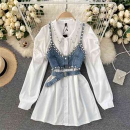 Spring Temperament Blouse Female Lapel Beaded Stacking Bead Blusa Sling Waistcoat C Fashion Two-piece Shirt C814 210506