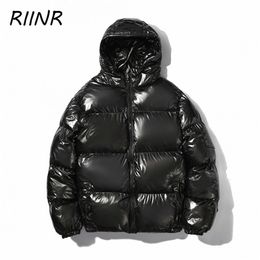 Riinr Shiny Thick Padded Coat Fashion Trend Warmth Reflective Hooded Men's Solid Colour Jacket Couple Plus Size Coat 211204