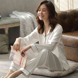 Summer Satin Pyjama White Bride Pyjamas Mujer PJ Full Sleeve Sleepwear Nightwear Bedroom Ice-Silk Pijamas Femme 210809