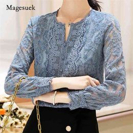 Autumn Women Office Long Sleeve Floral Pullover Blouse Blue Lace Bottom Shirt Korean Plus Size Ladies Tops 10357 210518