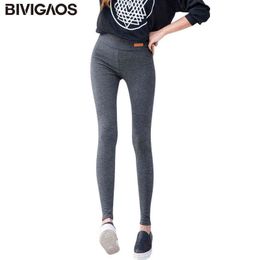 BIVIGAOS Womens Casual Thicken Nine Pants Leggings Waist Leather Lable Elastic Cotton Leggings Pants Female Women Clothing 211117