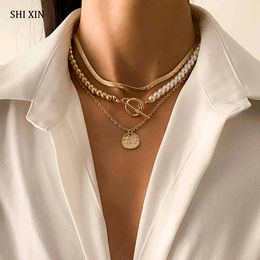 SHIXIN Layered Pearl Beads Chain Choker Necklace for Women Snake Chains on Neck With Coin Pendant Necklaces 2021 Fashion Jewellery