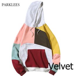 Patchwork Mens Sweatshirt Splice Plus Velvet Casual Oversize Sweatshirts Men Pull Thick Warm Pocket Streetwear Contrast Hoodies 210524