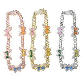 Iced out Multi Colour Enamel CZ Butterfly Necklace 12mm Iced Out Bling Miami Cuban Chain Butterfly Choker Hip hop Women Jewellery X0509