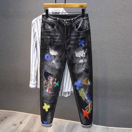 Ly Streetwear Fashion Slim Jeans Men Elastic Cotton Embroidery Ripped Denim Punk Trousers Patches Designer Hip Hop Pants Male