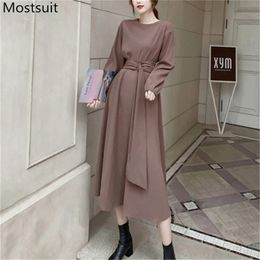 Solid Korean Women Long Dress With Belt Full Sleeve O-neck A-line Mid-length Dresses Fashion Female Streetwear Vestidos 210513