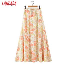 Tangada Women Flowers Summer Long Skirt Faldas Mujer Vintage Beach Ladies Elegant Chic Mid Calf Skirts QB57 210609