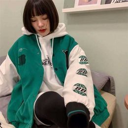 Baseball Thicken Jacket women Patchwork Embroidery Streetwear Autumn Harajuku Oversized College Style Bomber Coats ins 211014