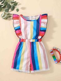 Baby Rainbow Striped Ruffle Trim Embroidery Mesh Romper SHE