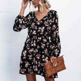 Summer Sexy V-neck tie polka dot flower bubble lantern sleeve mini Dress vintage short dress beach Casual for Women 210508