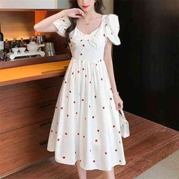 Designer Runway Women Summer Puff Sleeve Slim Sweet Cute Strawberry Print Vintage Elegant White Party Long Dress 210514