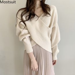 Korean Stylish Knitted Pullover Women Long Sleeve V-neck Criss-cross Fashion Sweater Autumn Winter Elegant Ladies Jumpers 210518