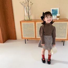 Autumn pure cotton puff sleeve high collar base T shirts Girls 4 Colours casual soft Tops 210508