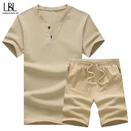 Summer Mens Tracksuit Middle-aged Streetwear V Neck T Shirt + Shorts Men 2 Pieces Cotton And Linen Fitness Clothing Dad Costume X0610